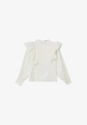 Weiße Bluse mit langen Ärmeln, hohem Kragen, gepufften Schultern, Rüschen und Spitze an der Vorderseite sowie den Ärmeln.