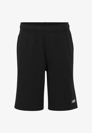 Schwarze Baumwollshorts mit einem elastischen Bund und einem kleinen roten und weißen FILA-Logo an der unteren rechten Seite. Klassischer Schnitt und glatte Textur.