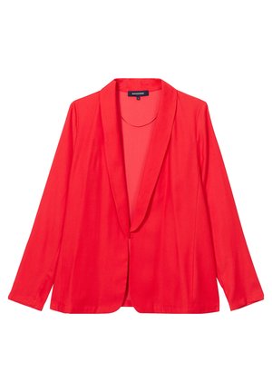 Roter Blazer aus glattem Stoff, mit Reverskragen, langen Ärmeln und offenem Design. Keine sichtbaren Knöpfe oder Verzierungen.