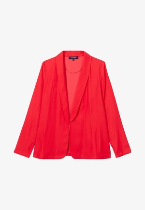 Blazer rojo hecho de una tela suave, con solapas de muesca, mangas largas y diseño de frente abierto. Sin botones ni adornos visibles.