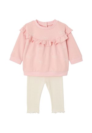 Pink long-sleeve top with ruffle details and light bow prints paired with cream ribbed leggings featuring ruffled hems.