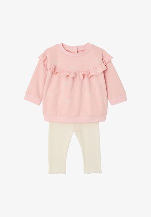Pink long-sleeve top with ruffle details and light bow prints paired with cream ribbed leggings featuring ruffled hems.
