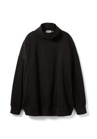 Sweat-shirt noir surdimensionné avec col montant et poignets et ourlet côtelés, présenté sur un fond blanc.
