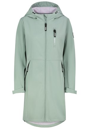 Light green, water-resistant coat with a hood; features zippered pockets, a front zipper, and adjustable cuffs; smooth texture.