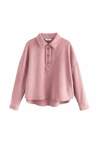 Fleece-Hemd in staubigem Rosa mit Kragen, Knopfverschluss, langen Ärmeln und einer entspannten, kurz geschnittenen Passform. Texturiertes Rippgewebe.