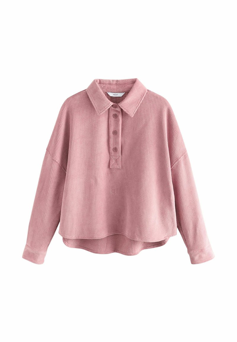 Fleece-Hemd in staubigem Rosa mit Kragen, Knopfverschluss, langen Ärmeln und einer entspannten, kurz geschnittenen Passform. Texturiertes Rippgewebe.