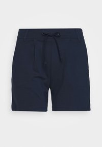 Pantaloni corti in cotone blu navy con vita regolabile, design plissettato e gambe dritte. Texture liscia e senza motivi visibili.