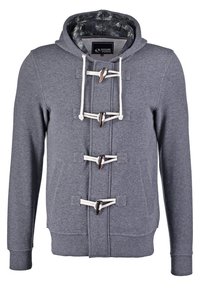 Grauer Kapuzenpullover mit Toggle-Verschlüssen, weißen Kordeln, Fronttaschen und einem gemusterten Futter in der Kapuze. Weiche Stoffstruktur.