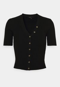 Black ribbed short-sleeve cardigan with a deep V-neck and six gold-tone buttons down the front. Soft texture and fitted design.