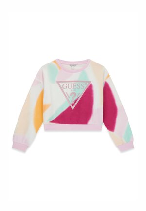 Pastellfarbener kurzer Sweatshirt mit Batikmustern in Pink, Orange und Türkis, mit großem glitzerndem Guess-Logo vorne.
