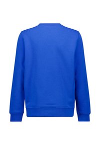 Sininen collegepaita pyöreällä kaula-aukolla, pitkillä hihoilla sekä ribbaatuilla hihansuilla ja helmalla. Valmistettu pehmeästä kankaasta, jolla on sileä pinta. Yksinkertainen muotoilu.