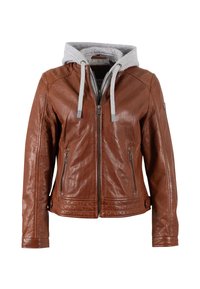 Giacca in pelle marrone con zip frontale, due tasche laterali e foderatura in felpa grigia. Presenta una texture liscia e dettagli di cucitura discreti.
