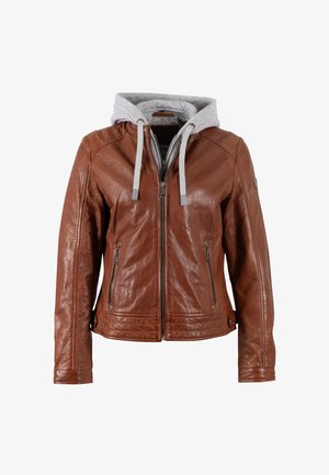 Veste en cuir marron avec fermeture éclair à l'avant, deux poches latérales et doublure en hoodie gris. Présente une texture lisse et des détails de couture subtils.