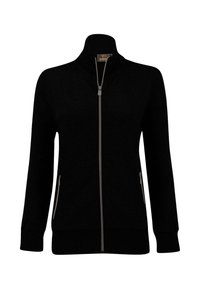 Maglione nero con zip e colletto alto, maniche lunghe, tasche laterali e polsini e bordo a coste. Realizzato in un tessuto morbido e texture.