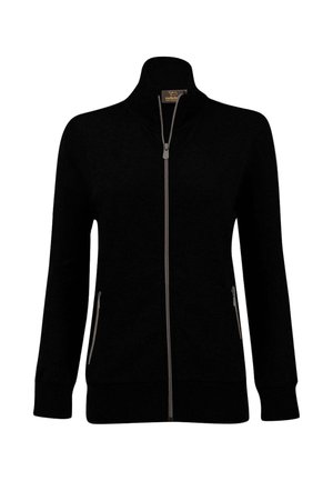 Schwarzer Reißverschluss-Pullover mit hohem Kragen, langen Ärmeln, seitlichen Taschen und gerippten Bündchen und Saum. Hergestellt aus einem weichen, strukturierten Stoff.