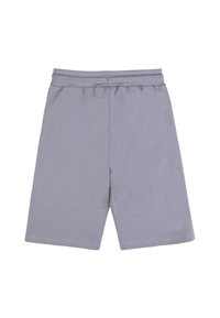 Pantaloni sportivi grigi in cotone con vita elastica, caratterizzati da una texture liscia e un taglio all'altezza del ginocchio. Senza tasche né fantasie.