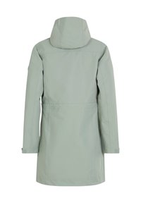 Jasnoszary długi płaszcz przeciwdeszczowy z przymocowanym kapturem, długimi rękawami i regulowanymi paskami na nadgarstkach, pokazany od tyłu na białym tle.