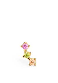 Orecchino d'oro con tre pietre rotonde: rosa, verde e pesca, ciascuna incastonata in una montatura a gambo, disposte in leggera diagonale.