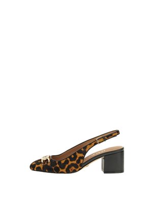 Hyse med leopardprint, spids tå, guldhardware, sort blokhæl og en tekstureret øvre del.