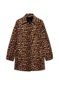 Leopardi-kuosiset takki, jossa on kaulus, pitkät hihat ja sivutaskut. Valmistettu kankaan näköisestä materiaalista ruskeissa ja mustissa sävyissä.