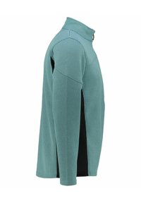 Pullover in felpa con colletto alto, realizzato in tessuto in tonalità teal testurizzato. Presenta pannelli laterali neri e una zip parziale sul collo.