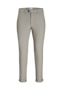 Pantaloni tapered beige chiari con una texture liscia, fronte piatto, chiusura a un bottone e risvolti per uno stile casual.