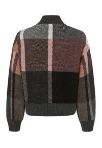 Maglione chunky con colletto a coste in un motivo a quadri multicolore. Presenta tonalità di nero, grigio, rosa e marrone con texture a contrasto.