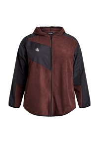 Bruine fleece hoodie met zwarte nylon panelen op de mouwen en de borst, ritssluiting aan de voorkant en klein wit logo op de linkerkant van de borst.