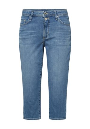 Lichtblauwe cropped spijkerbroek met knoop- en ritssluiting aan de voorkant, voor- en achterzakken en riemlussen.