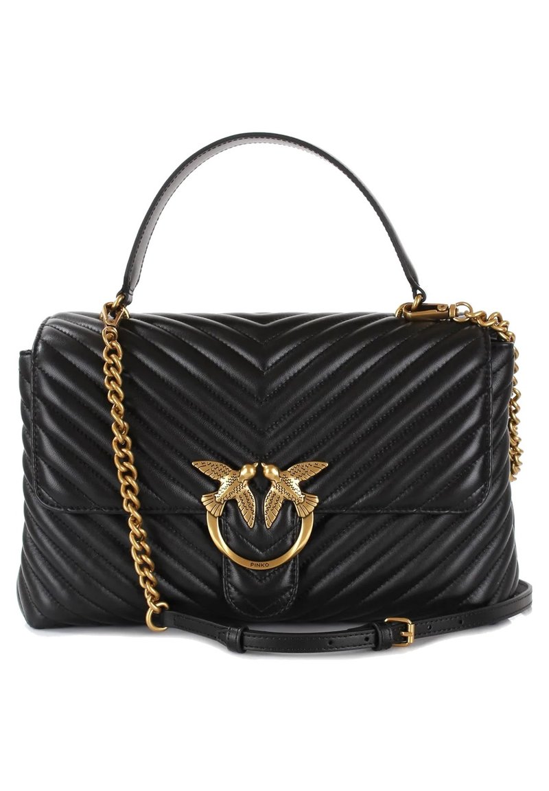 Borsa a tracolla nera in pelle trapuntata con motivo a zig-zag, hardware in tono oro e tracolla a catena removibile. Presenta un motivo di uccello sulla chiusura.