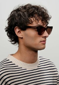 Occhiali da sole marroni con forma rettangolare, dotati di una montatura in plastica spessa e lenti scure. Maglione a strisce beige e blu navy indossato sotto.