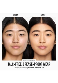 Vertailu meikkivoiteesta käsittelemättömällä iholla. Vasemmalla: epätasainen ihonsävy, epäpuhtauksia. Oikealla: sileä pinta, tasainen väri, hehkuva rakenne, Golden Medium 14.