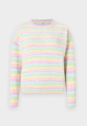 Multicolored knit sweater featuring pink, blue, yellow, and green horizontal stripes. Round neck, long sleeves, soft texture.