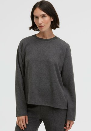 Grauer Pullover mit lockerem Schnitt, rundem Ausschnitt und langen Ärmeln. Hergestellt aus weichem Material, mit geripptem Kragen und schlichtem Design.