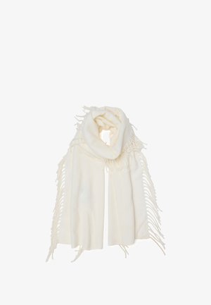 Witte sjaal van zacht materiaal, met een franjerand en een gladde textuur. Rechthoekige vorm, ontworpen voor warmte en stijl.