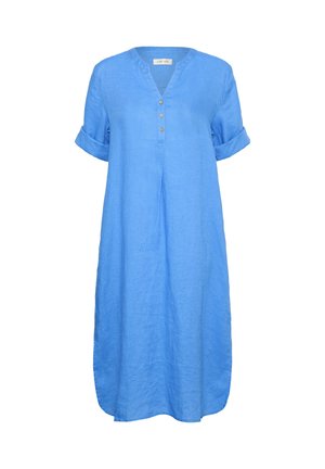 Light blue knee-length linen dress with rolled short sleeves, V-neck, and three front buttons.