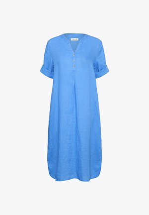 Világoskék, térdig érő vászonruha felhajtott rövid ujjakkal, V-nyakkivágással és három gombbal elöl.