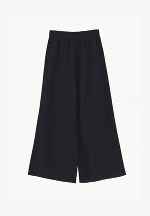 Pantaloni neri a gamba larga con vita elastica, vestibilità ampia e taglio alla caviglia, mostrati su uno sfondo bianco semplice.