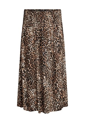 Midi-nederdel med leopardprint, bredt, rynket elastikbånd i taljen og en flydende, let udvidet silhuet.