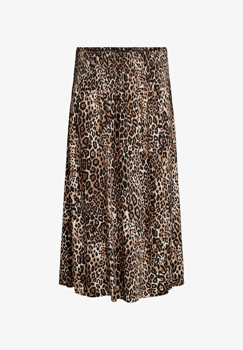 Midi sukňa s leopardím vzorom, širokým nariaseným elastickým pásom a priliehavým, mierne rozšíreným strihom.