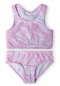 Rosa tie-dye bikini-set i mjukt, stretchigt material. Topp: racerback-design med tjocka band. Botten: klassisk modell med elastisk midja.
