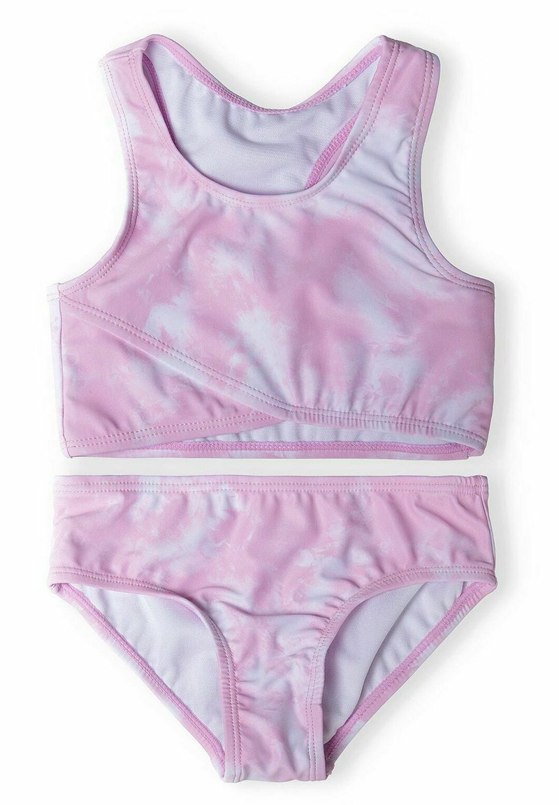 Rosa tie-dye bikini-set i mjukt, stretchigt material. Topp: racerback-design med tjocka band. Botten: klassisk modell med elastisk midja.
