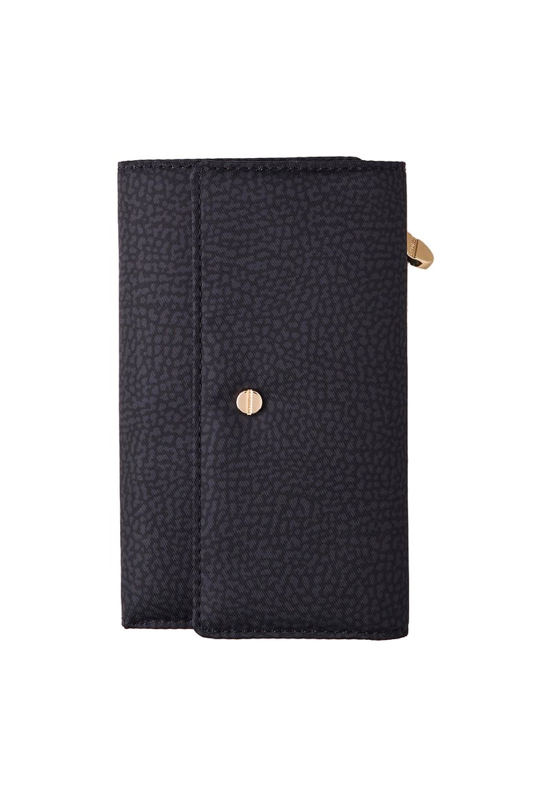 Black textured wallet with a subtle pattern, featuring a gold button snap closure and a compact rectangular shape.