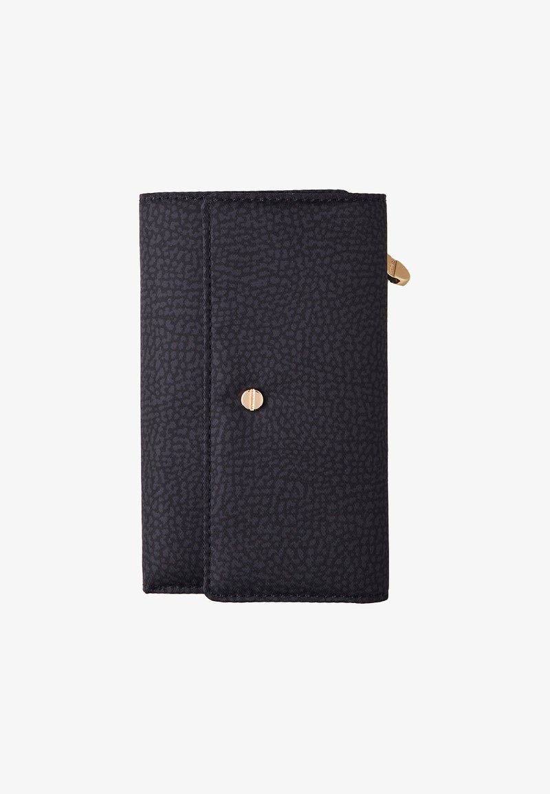 Black textured wallet with a subtle pattern, featuring a gold button snap closure and a compact rectangular shape.