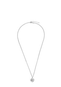 Collier en argent avec une chaîne fine et un pendentif en forme de compas circulaire, avec des découpes délicates et une surface polie.