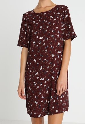 Dámské krátké šaty s krátkým rukávem v barvě mahagonu s bílým a modrým květinovým vzorem, volný střih, kulatý výstřih, délka po kolena.