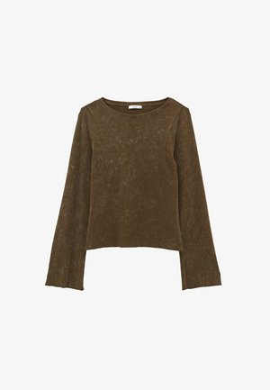 Košile s dlouhým rukávem z olivově zeleného semišového materiálu s kulatým výstřihem a výrazným prošitím podél rukávů a předních panelů.