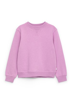 Sudadera color lila con cuello redondo, mangas largas, puños y bajo acanalados, y una pequeña etiqueta cosida en la costura lateral.