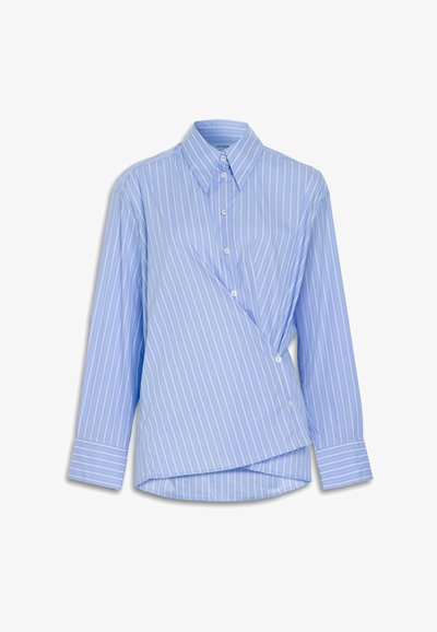 Light blue long-sleeve shirt with white vertical stripes, featuring a button-down collar, asymmetrical design, and rounded hem.