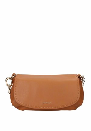 Tan leather crossbody bag with flap closure, silver hardware, and stitched detailing along the edges.